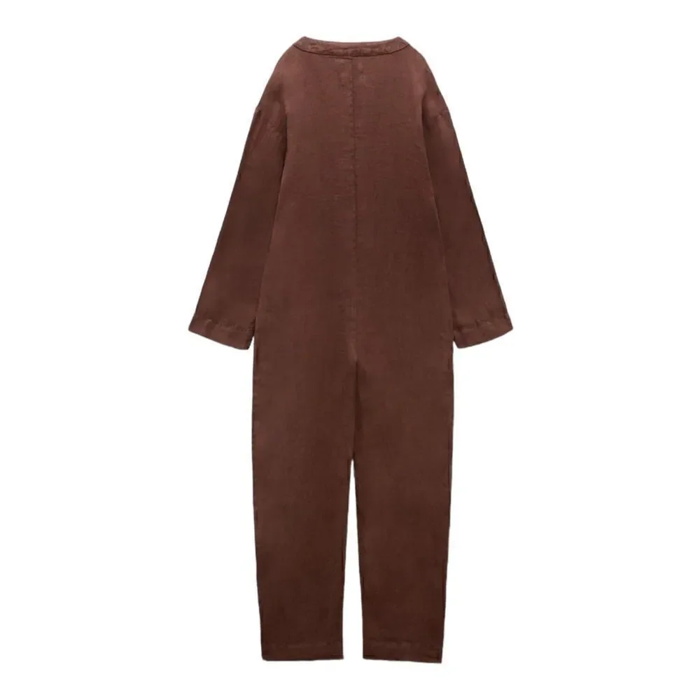 Zara Brown Full Length Linen Jumpsuit Size S NWT V-Neck Long Sleeve Romper